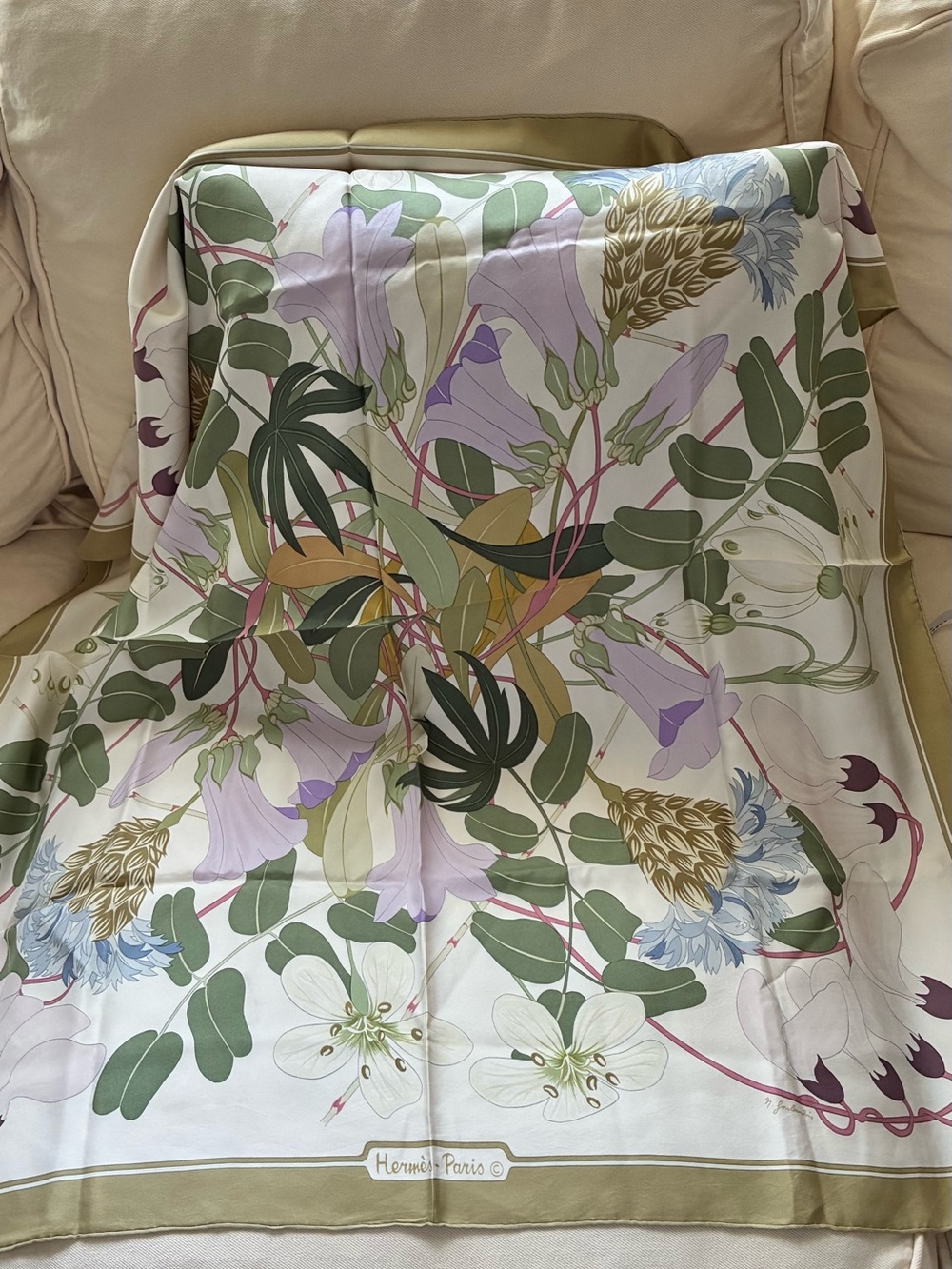 Hermès Silk Floral Botanical Scarf in Cream, Olive & Lavender